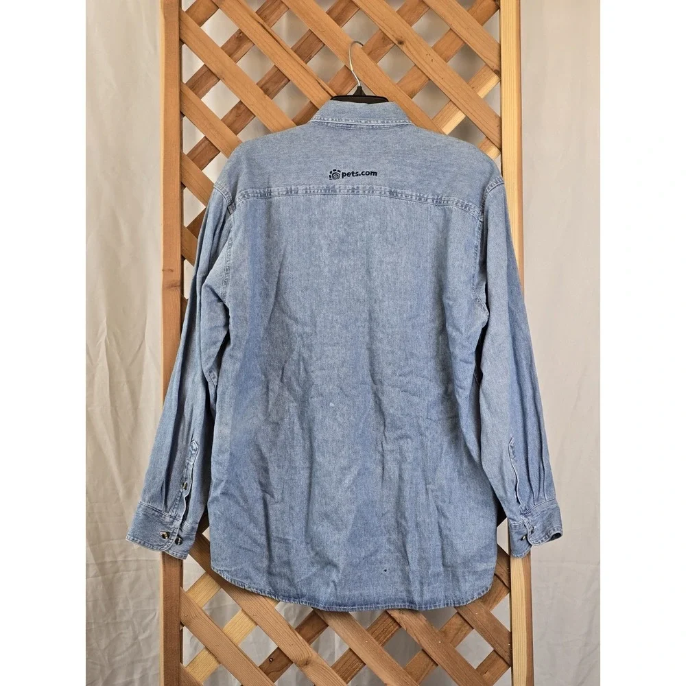 RARE Vtg 90s Pets.com Dog Sock Puppet Promo Denim Shirt Size XL Blue Button Down